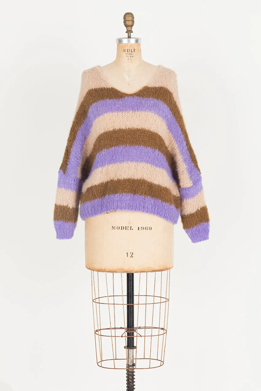 Hand knit batwing V neck sweater (Alpaca) - Pink stripe