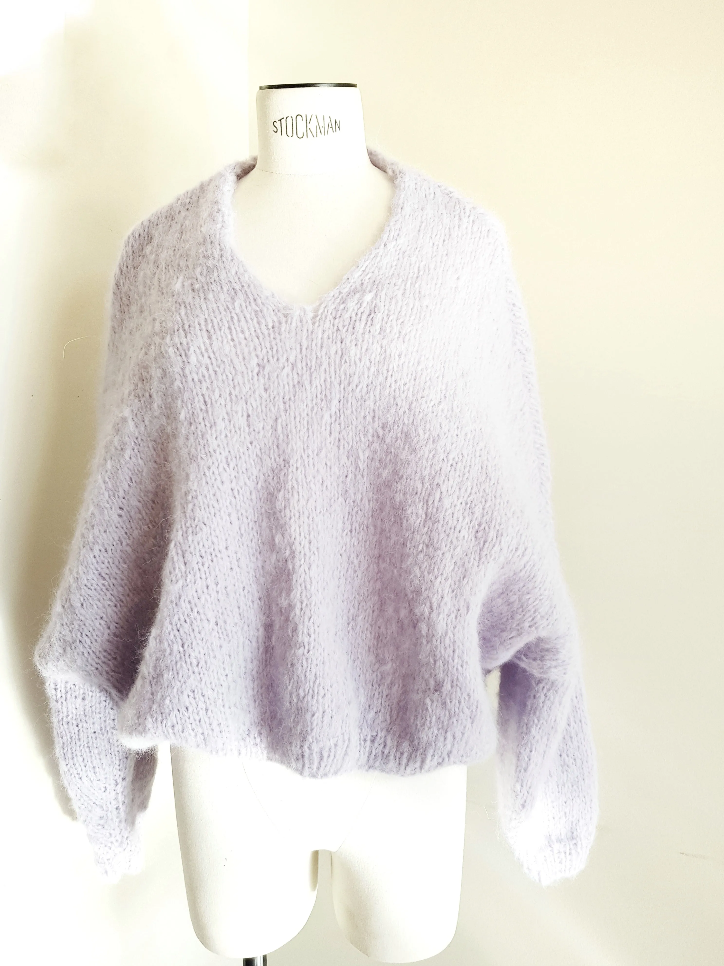 Hand knit batwing V neck sweater (Alpaca) - Pink stripe