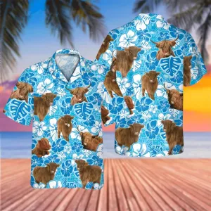 Highland cow Blue Floral Hawaiian Shirt, Cow Hawaii Shirt, Cow Lovers Shirt For Men