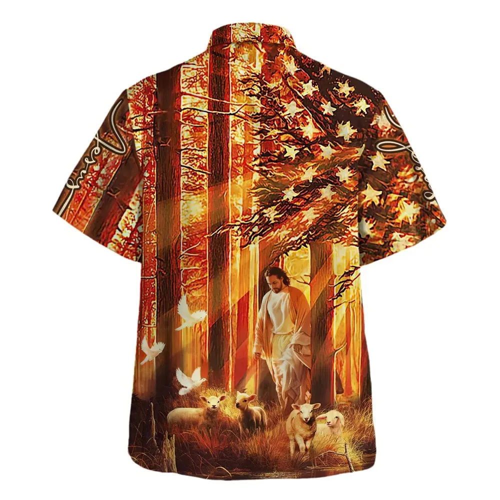 Jesus Walking In The Forest With The Sheep Hawaiian Shirt - Christian Hawaiian Shirt - Religious Hawaiian Shirts