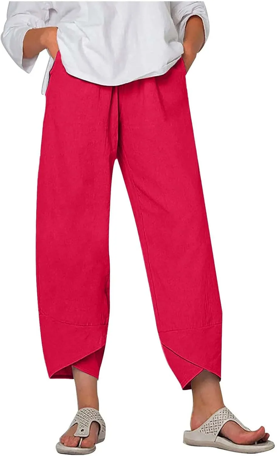 Linen Pants Women Summer Plus Size 2024 Capri Pants Loose Plain Cropped Trousers Stretchy Elastic Waist Lounge Pants