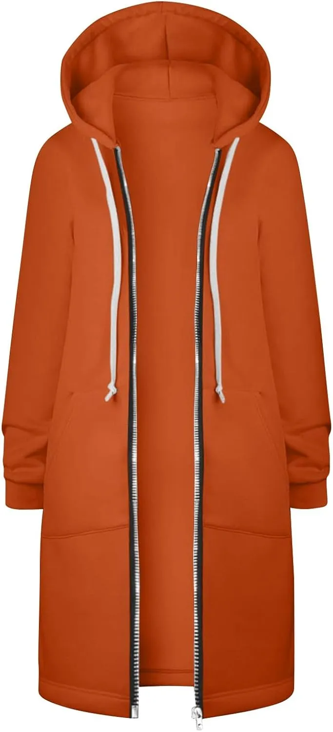 Long Hoodie Women Zip Up Tunic Sweatshirt Fall Hooded Jacket Coat Drawstring Open Front Cardigan with Pockets