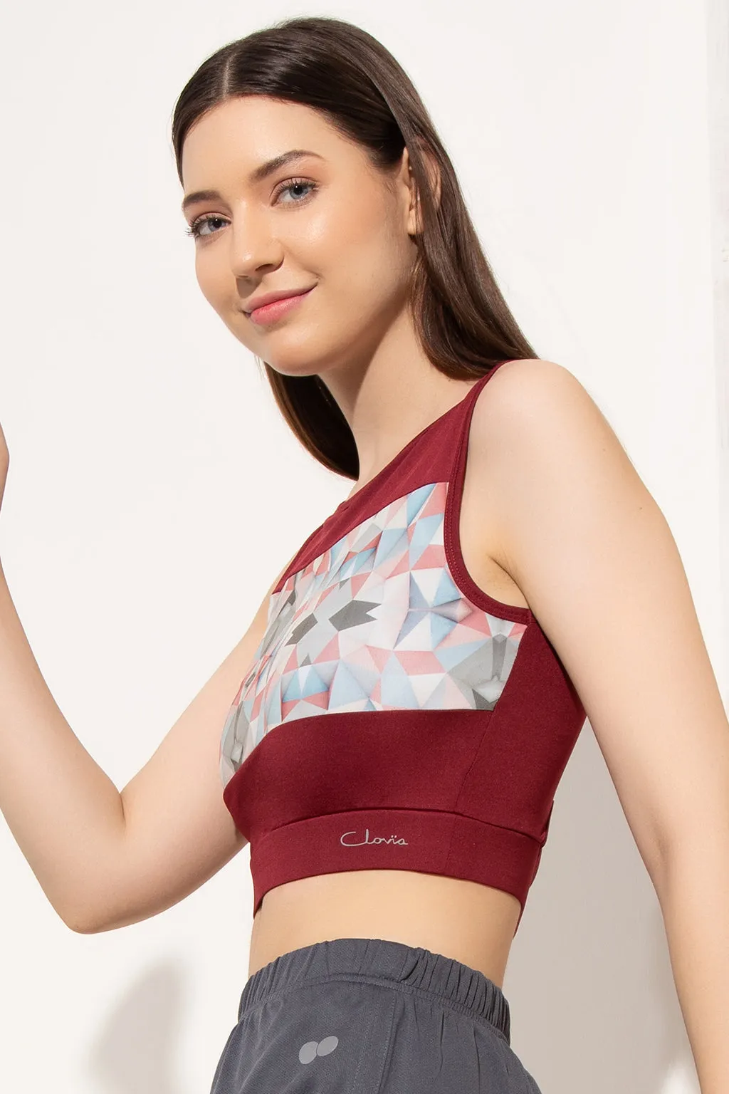 Maroon Polyester Comfort-Fit Geometric Print Crop Top