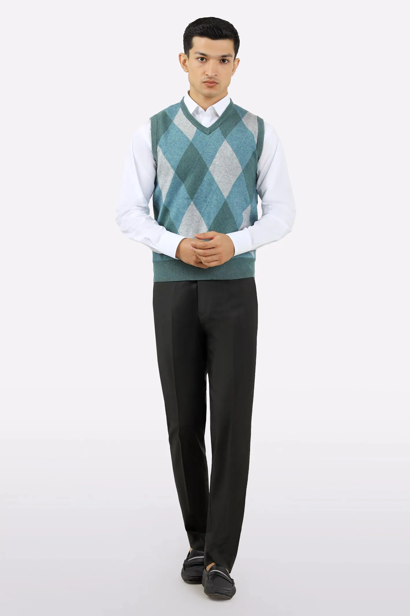 Men V-Neck Teal Sleeveless Sweater