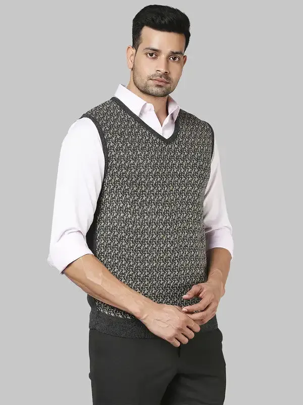 Men Yellow Regular Fit Jacquard Acrylic Sleeveless V Neck Collar Sweaters