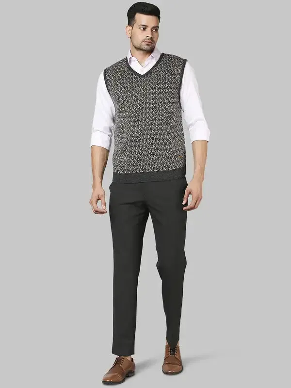 Men Yellow Regular Fit Jacquard Acrylic Sleeveless V Neck Collar Sweaters