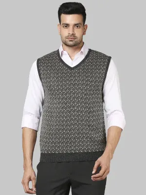 Men Yellow Regular Fit Jacquard Acrylic Sleeveless V Neck Collar Sweaters