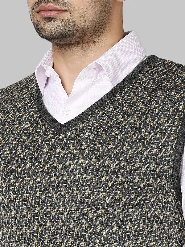 Men Yellow Regular Fit Jacquard Acrylic Sleeveless V Neck Collar Sweaters