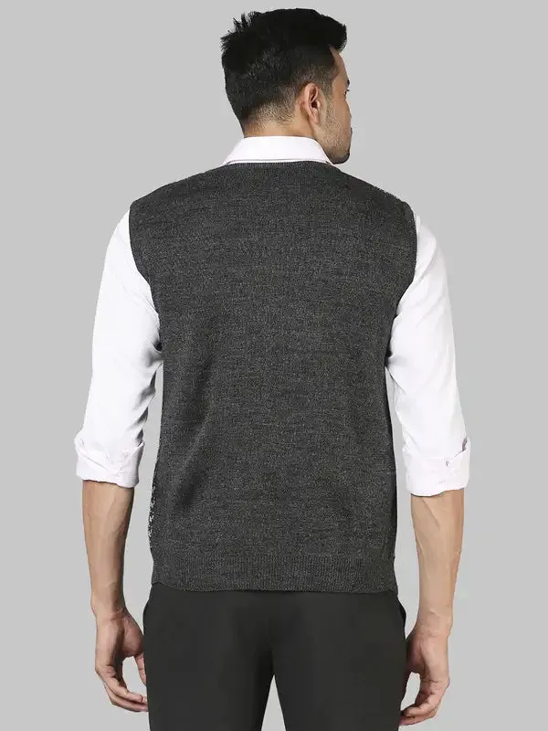 Men Yellow Regular Fit Jacquard Acrylic Sleeveless V Neck Collar Sweaters