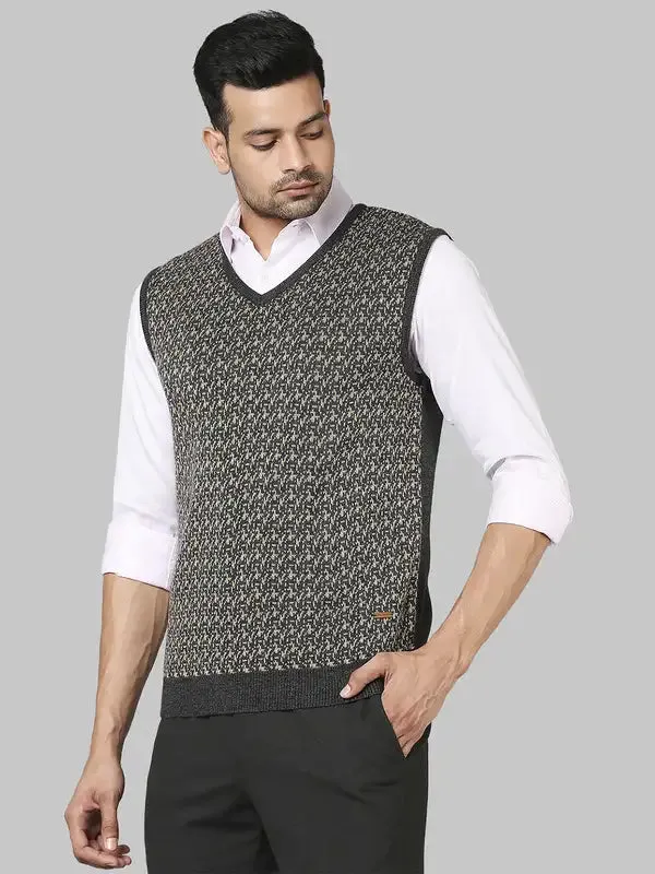 Men Yellow Regular Fit Jacquard Acrylic Sleeveless V Neck Collar Sweaters