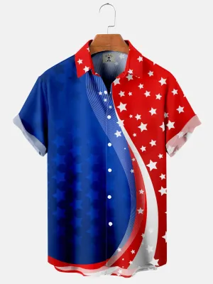 Men's Simple Casual American Flag Line Print Short Sleeve hawaiian Shirt