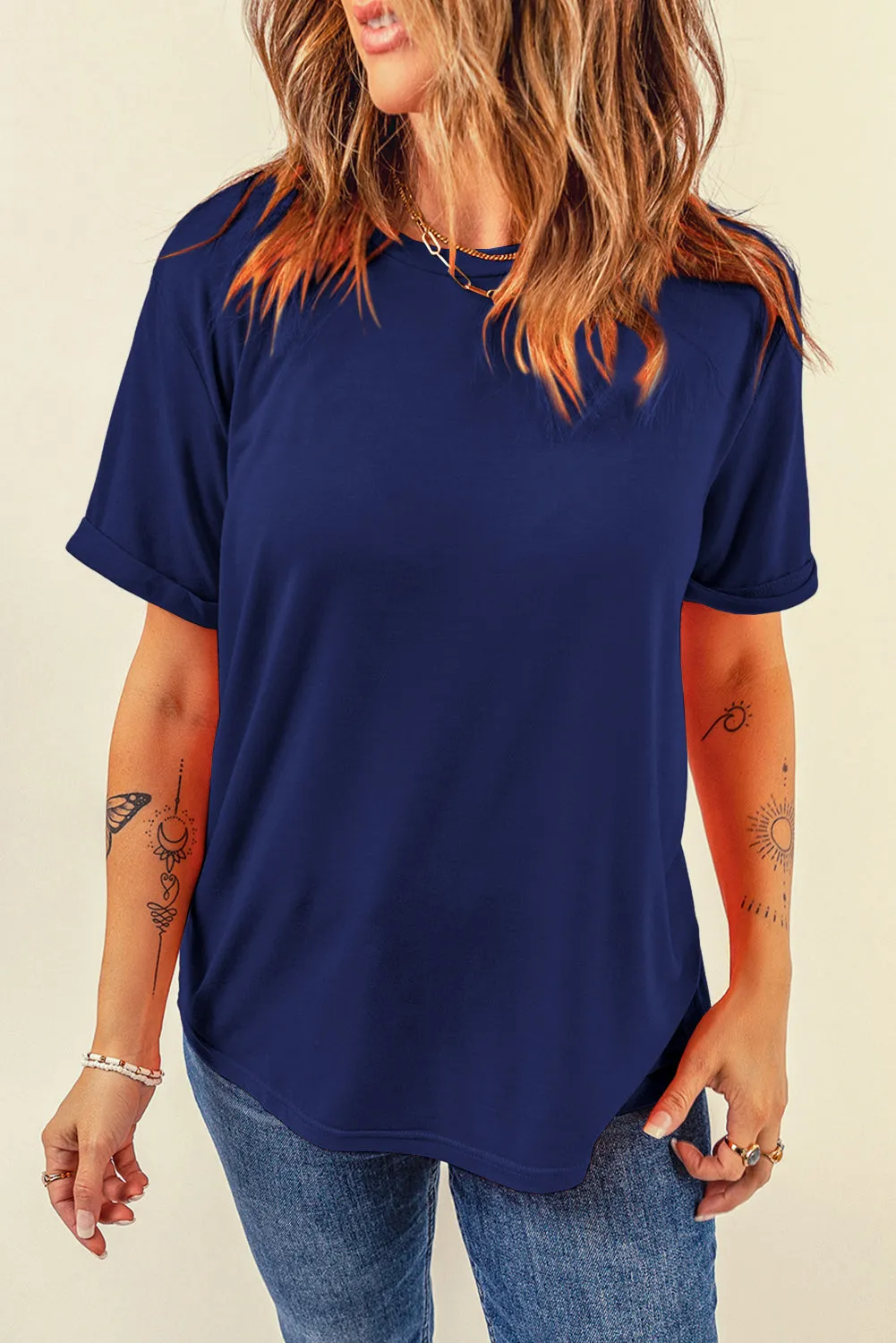 Navy Blue Solid Layering Piece Crewneck Tee