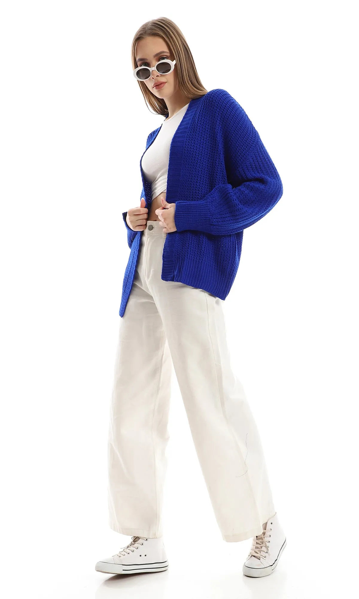 O158279 Loose Slip On Chunky Winter Royal Blue Cardigan