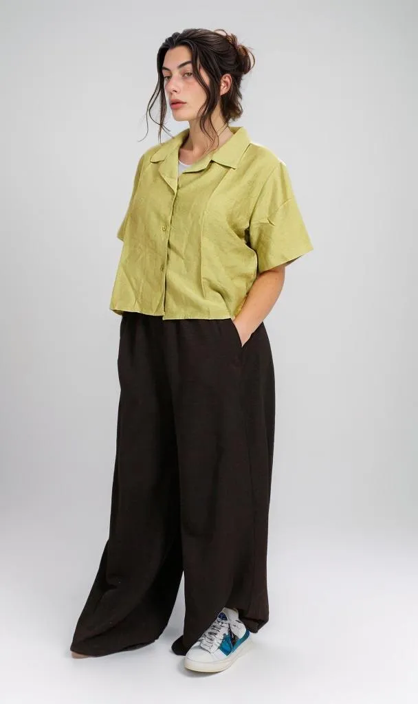 O204334 - Cropped Linen Button-Up Shirt - Olive Green