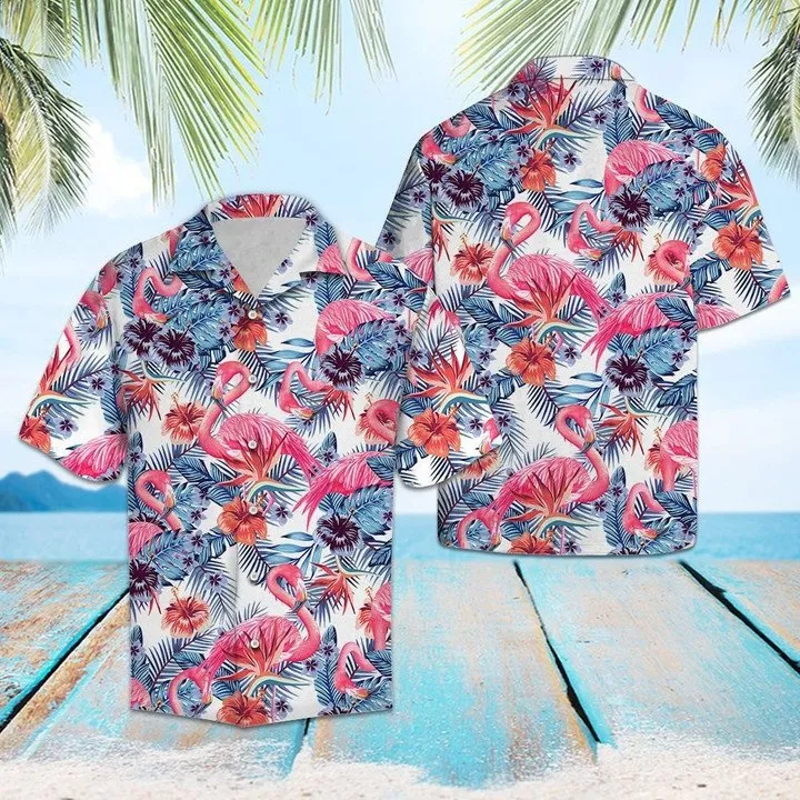 Pink Flamingo With Red Hibiscus In White Hawaiian Shirt