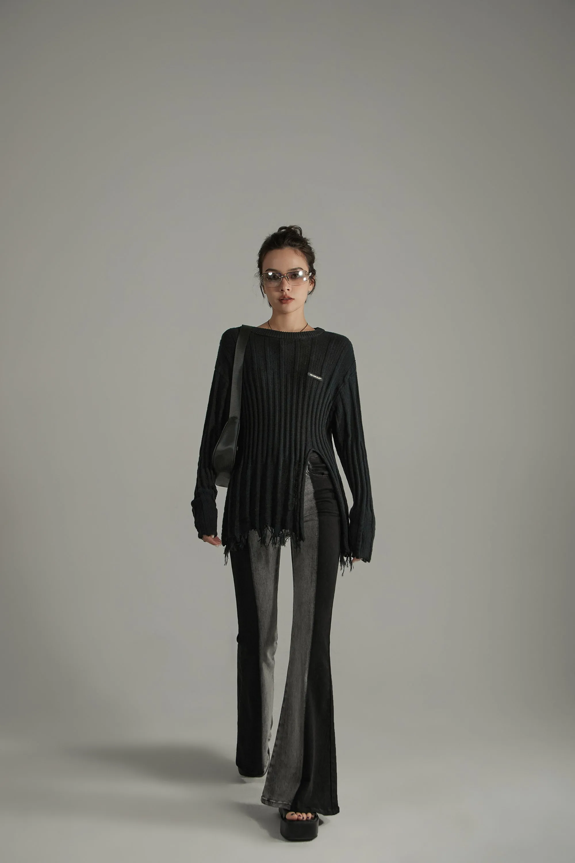 Side Front Slit Long Knit Sweater