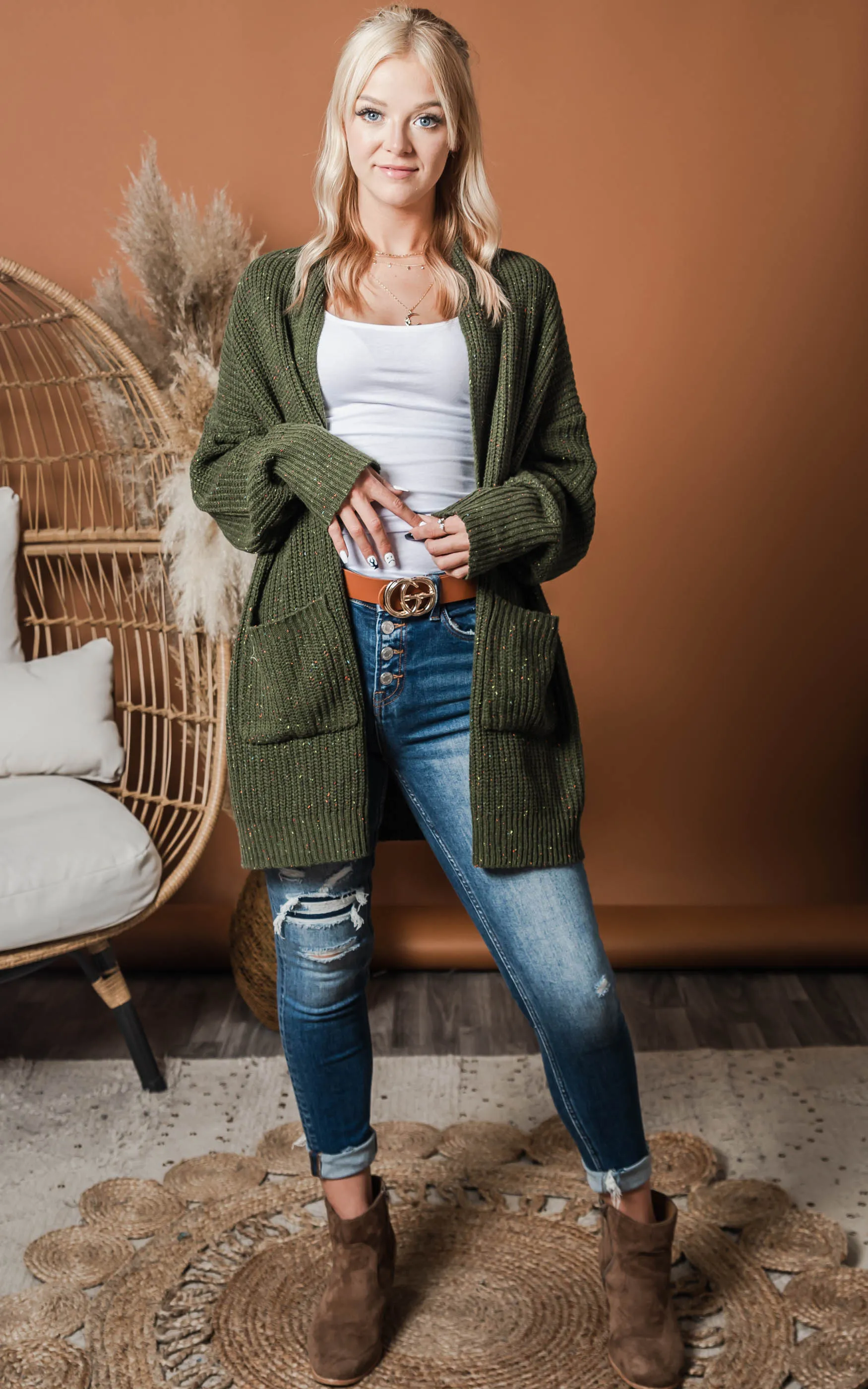 SOLID OPEN SWEATER CARDIGAN - Olive
