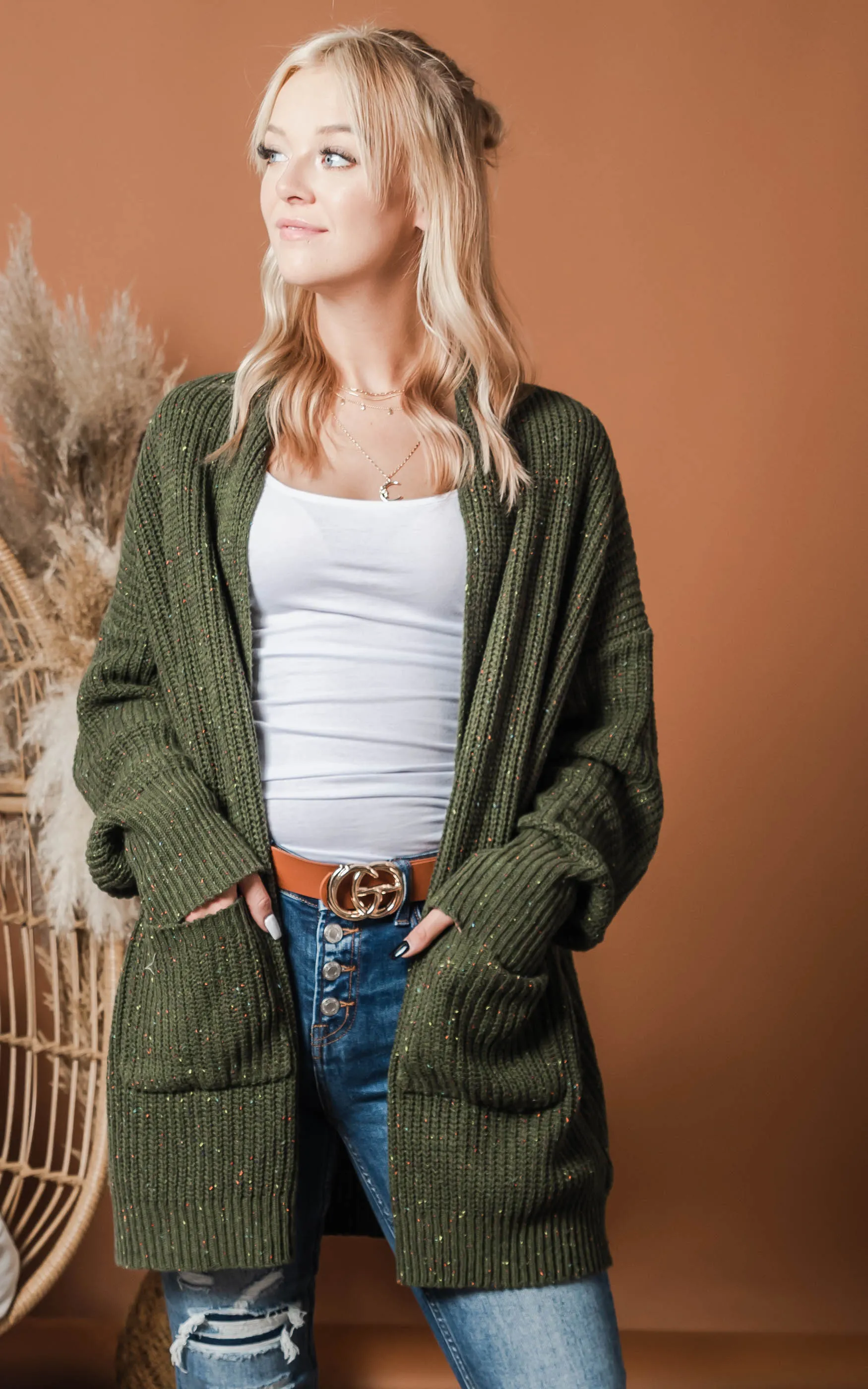 SOLID OPEN SWEATER CARDIGAN - Olive