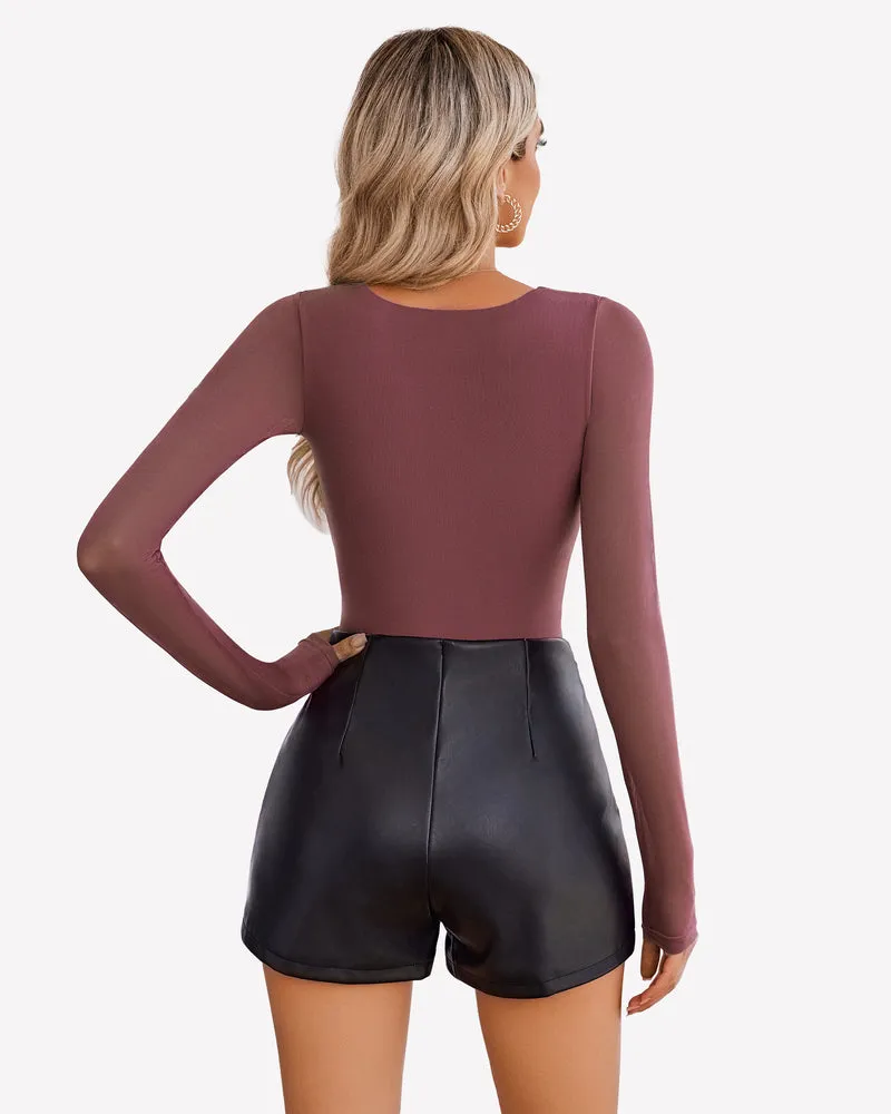 Square Neck One Piece Mesh Leotard Tops
