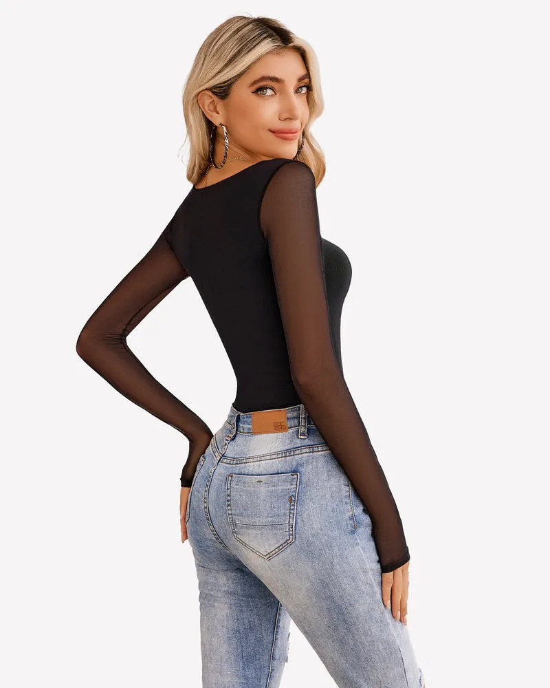 Square Neck One Piece Mesh Leotard Tops