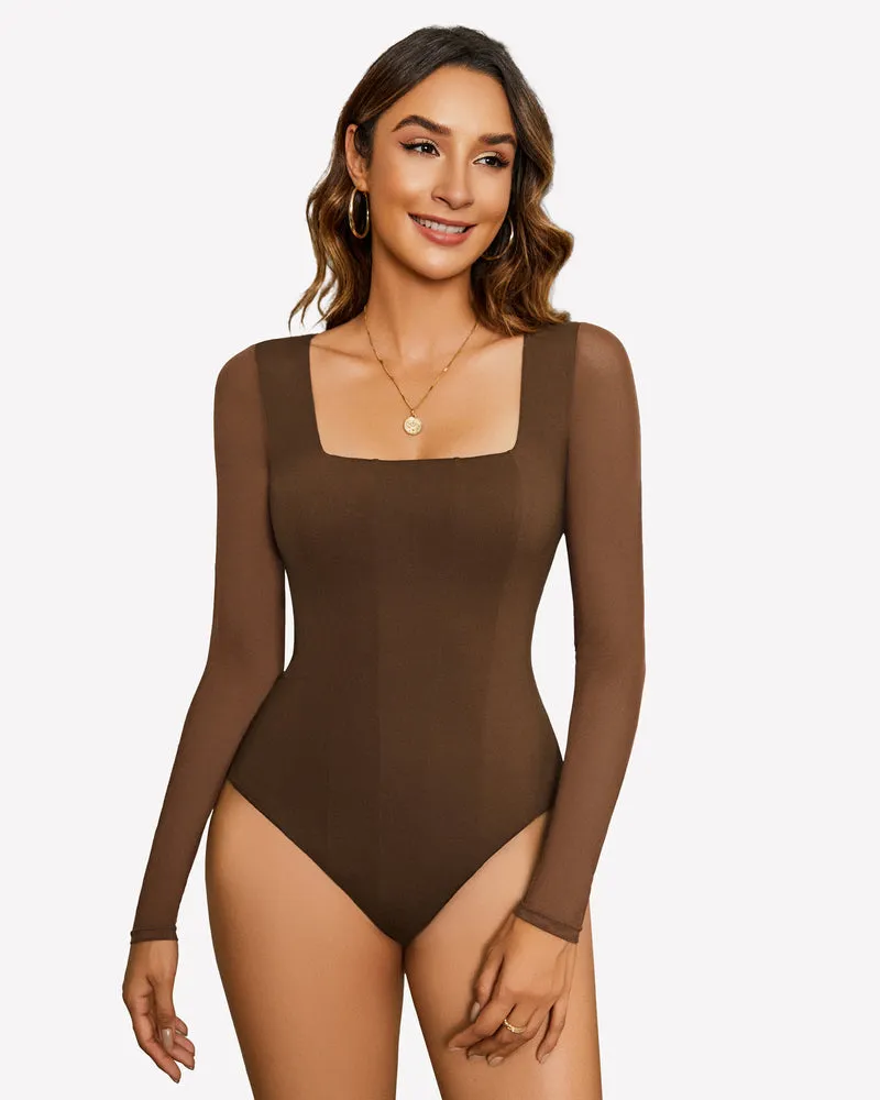 Square Neck One Piece Mesh Leotard Tops