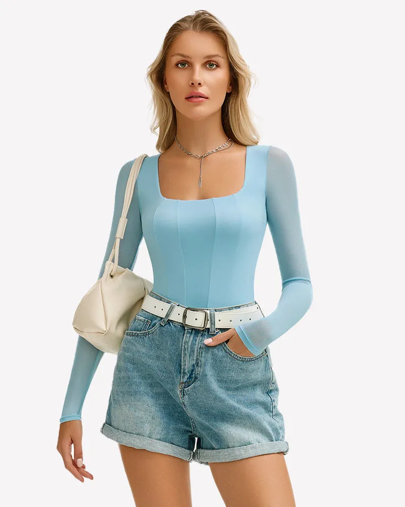 Square Neck One Piece Mesh Leotard Tops