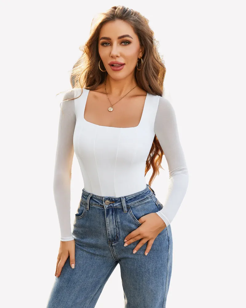 Square Neck One Piece Mesh Leotard Tops