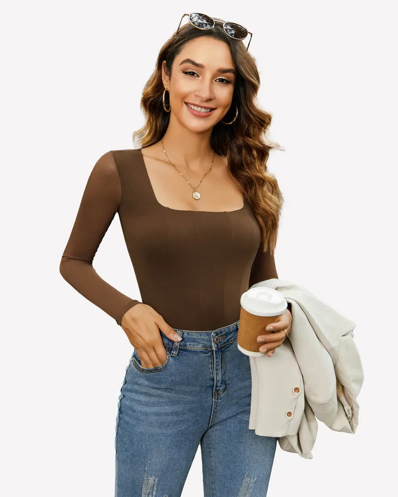 Square Neck One Piece Mesh Leotard Tops