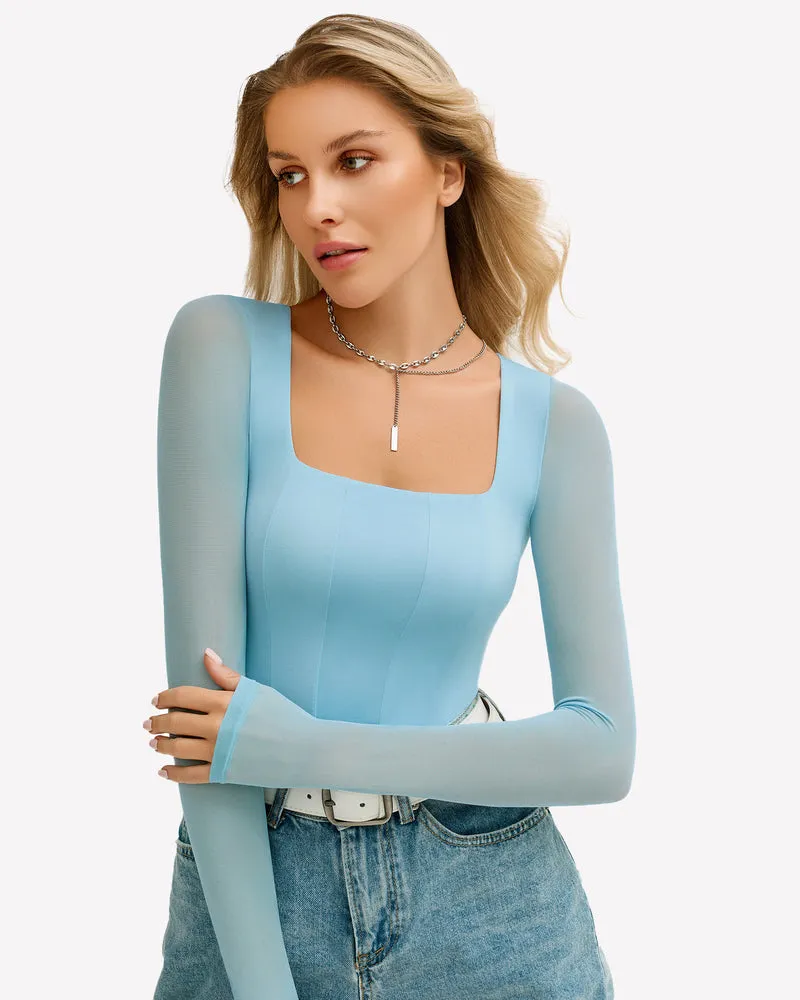 Square Neck One Piece Mesh Leotard Tops