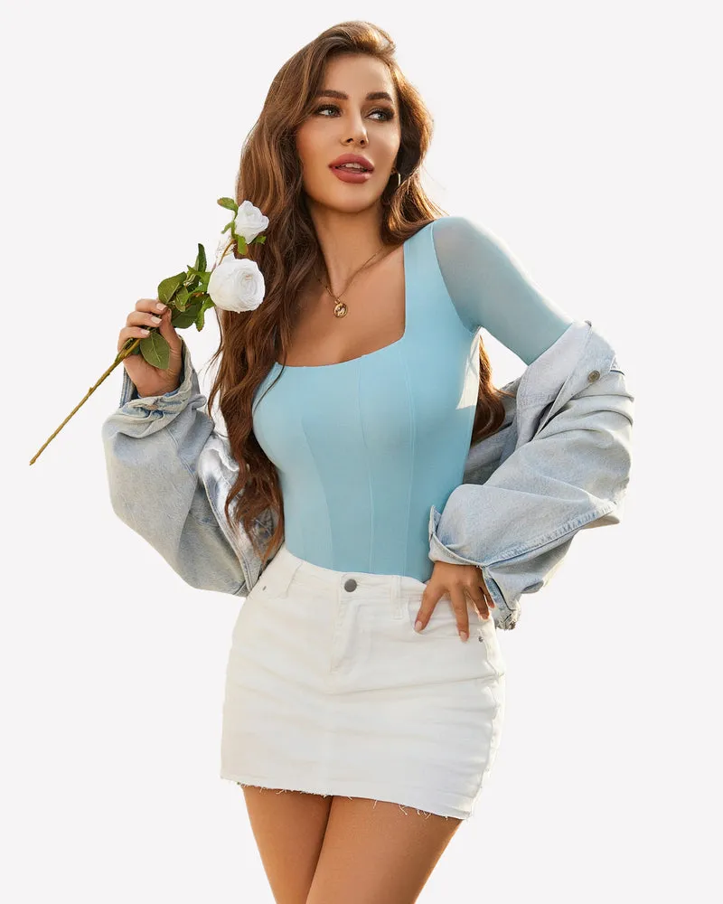 Square Neck One Piece Mesh Leotard Tops