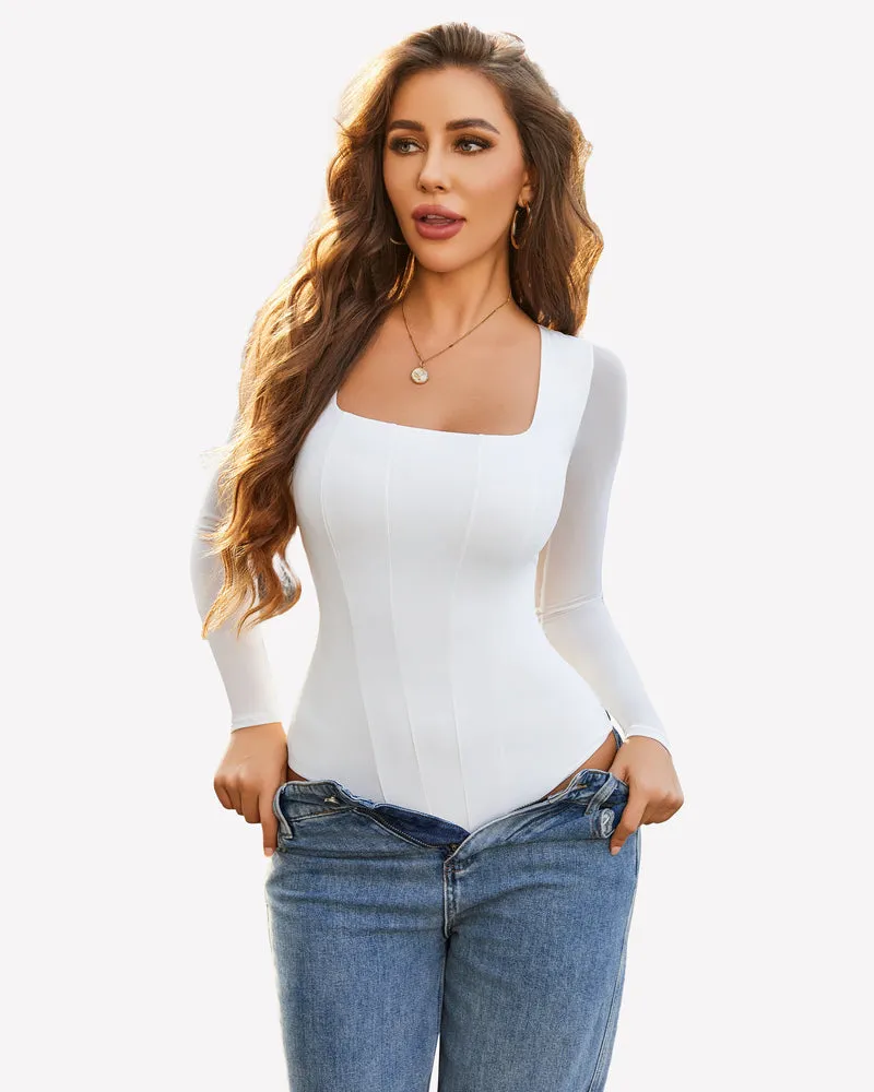 Square Neck One Piece Mesh Leotard Tops