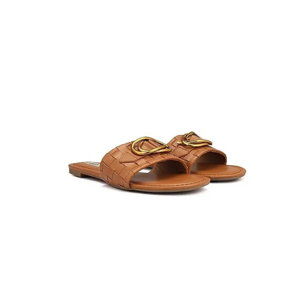 Tan Sliders With Gold Embellishment