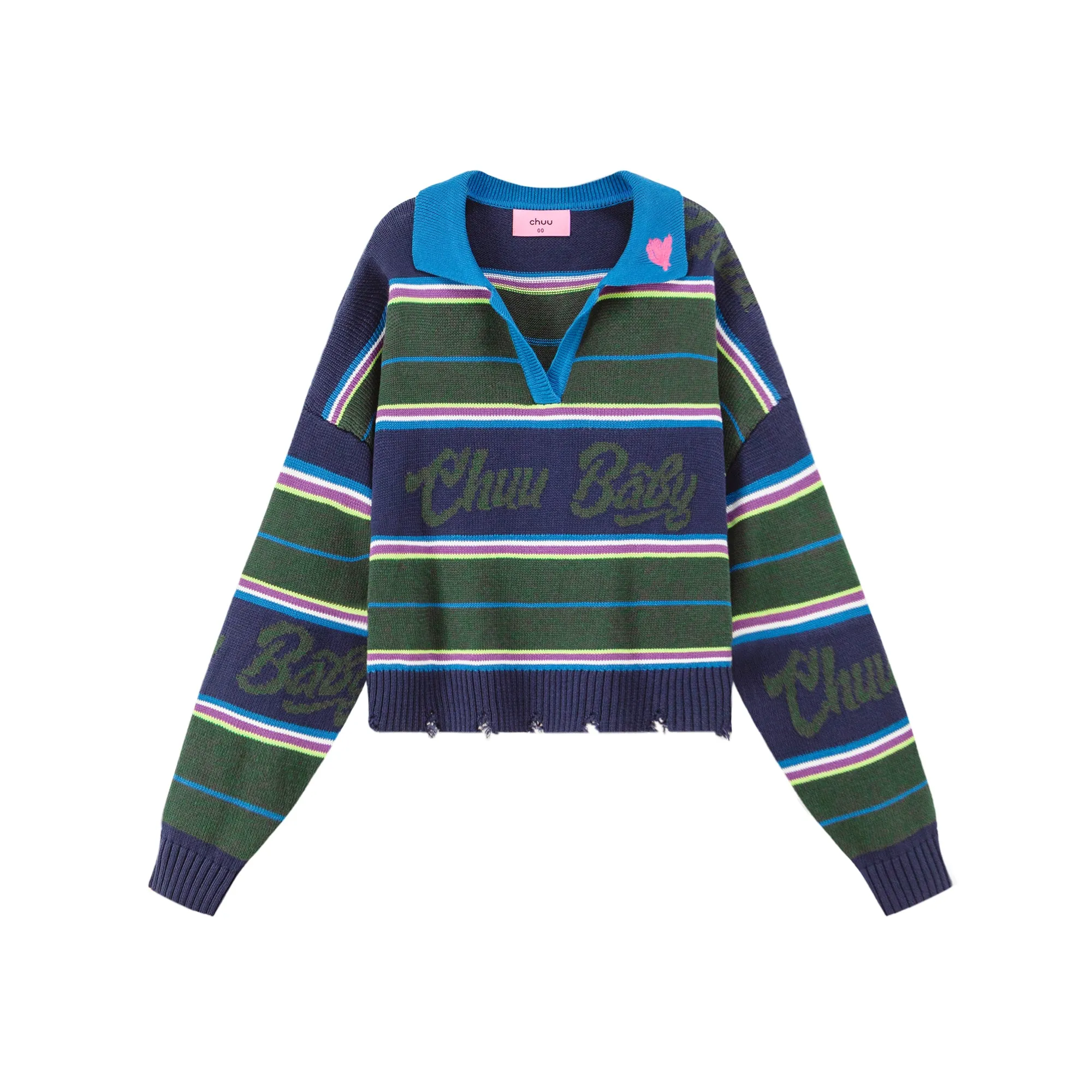 Technicolour Dream Open Collar Stripe Knit Sweater