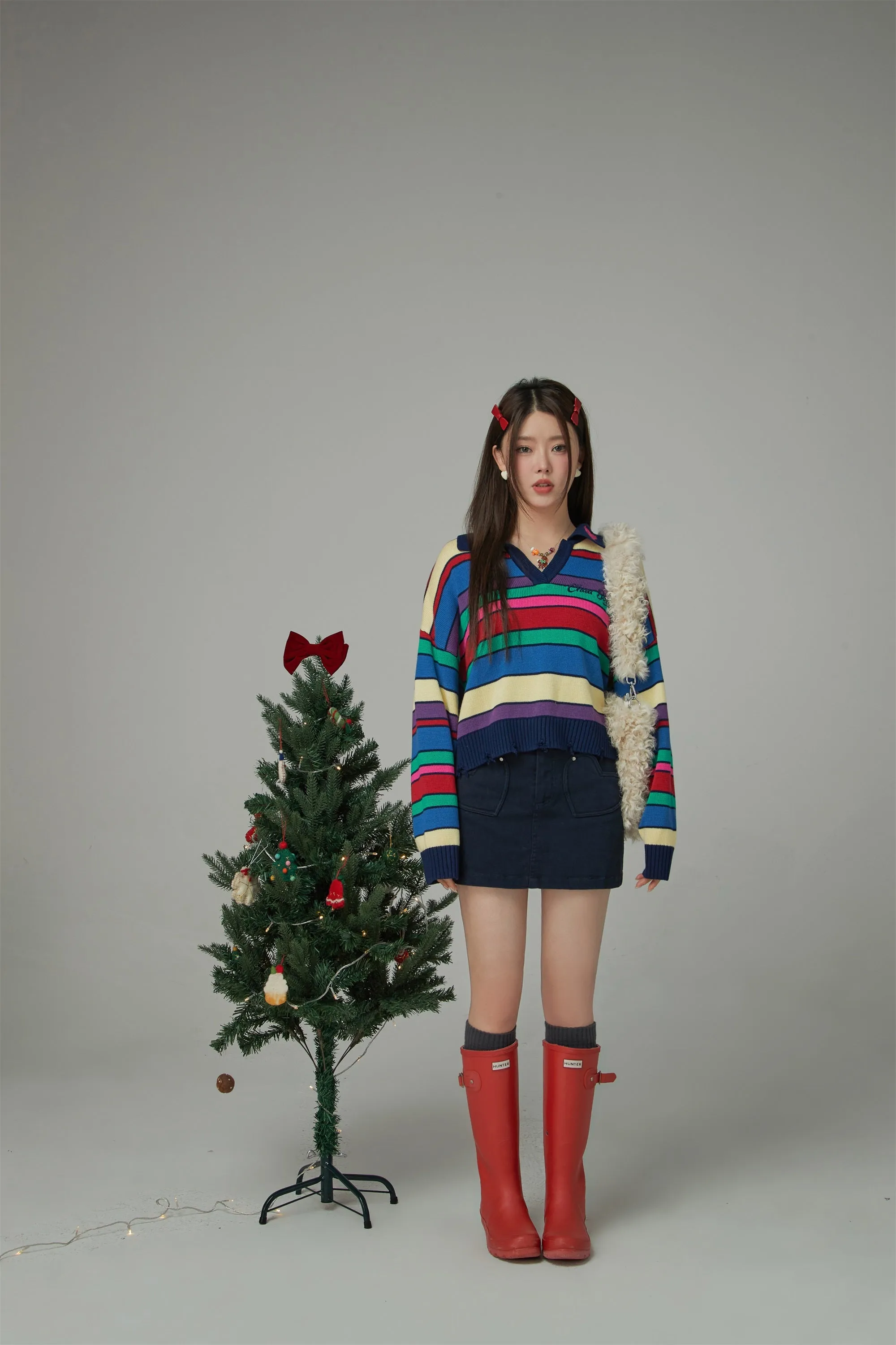 Technicolour Dream Open Collar Stripe Knit Sweater