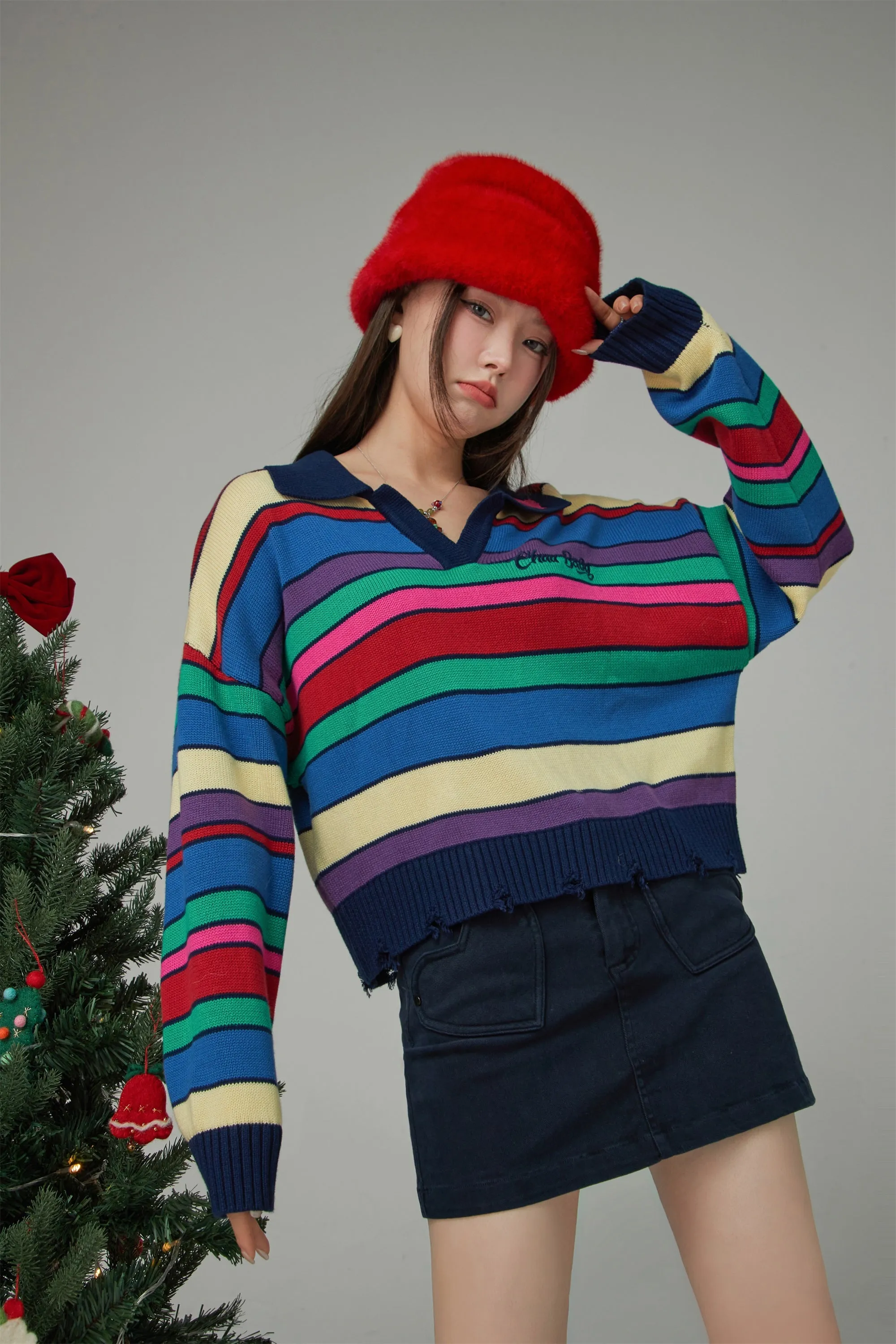 Technicolour Dream Open Collar Stripe Knit Sweater