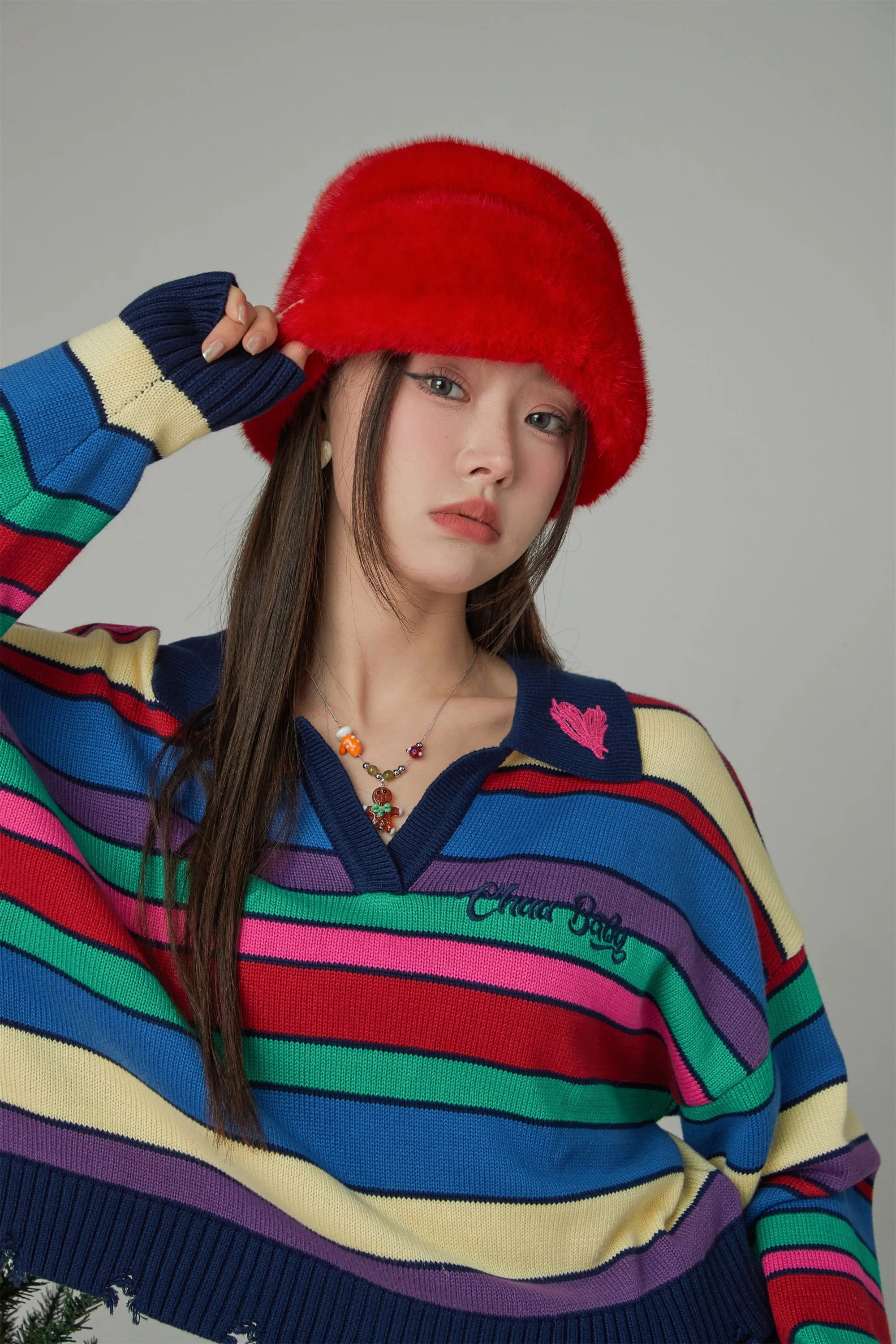 Technicolour Dream Open Collar Stripe Knit Sweater