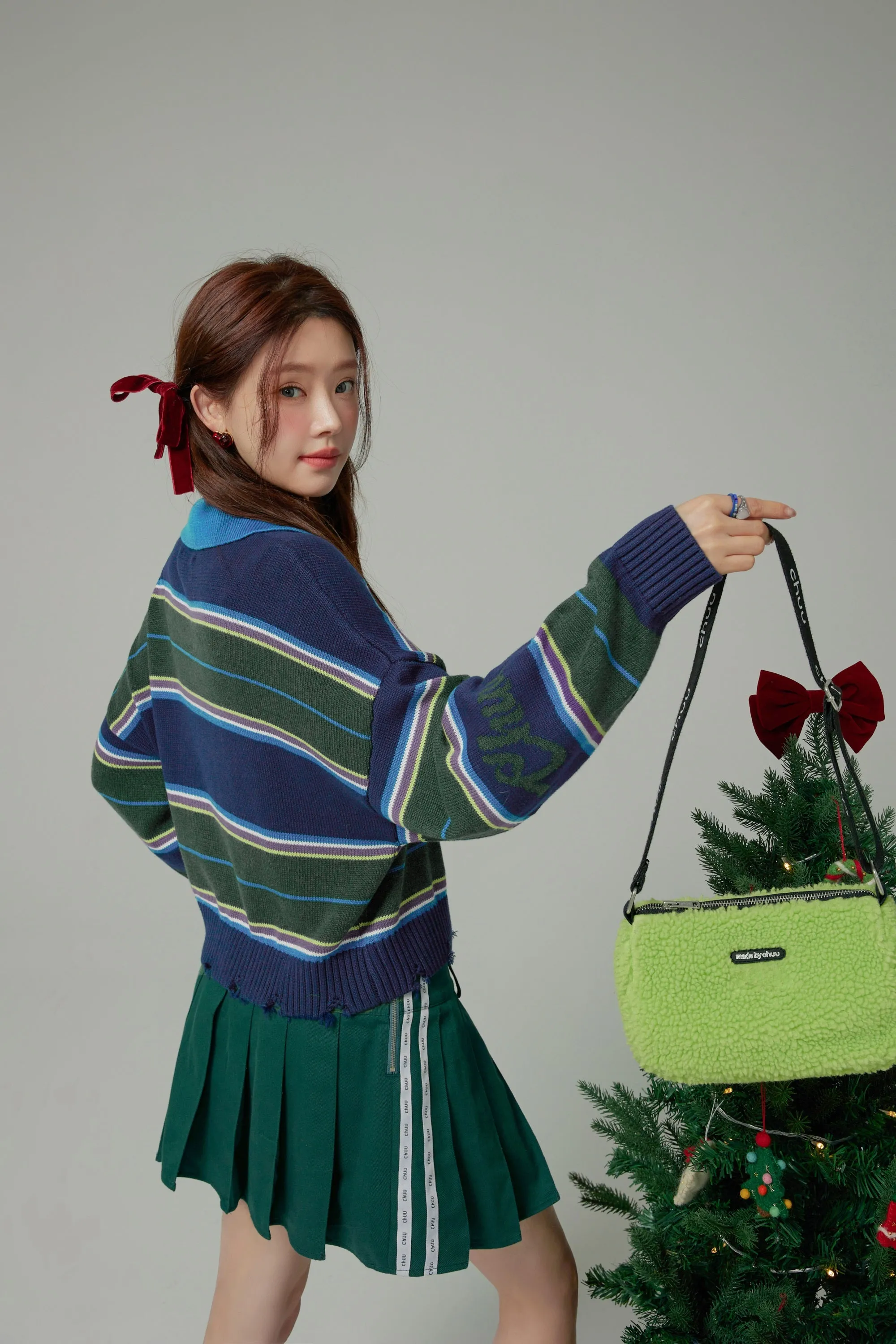 Technicolour Dream Open Collar Stripe Knit Sweater