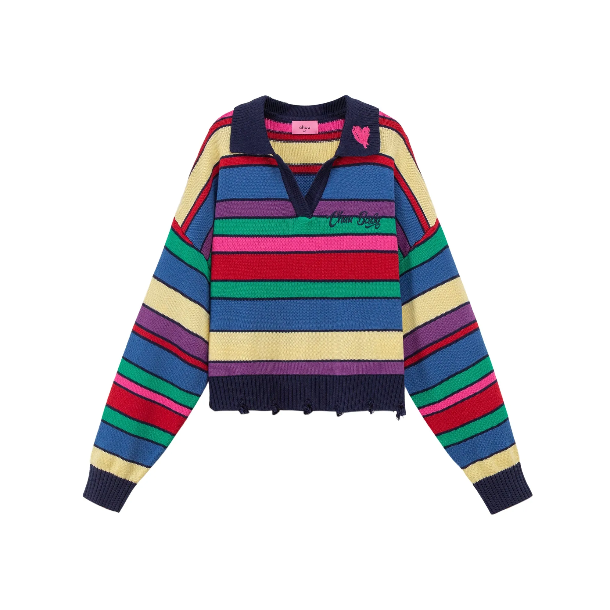 Technicolour Dream Open Collar Stripe Knit Sweater