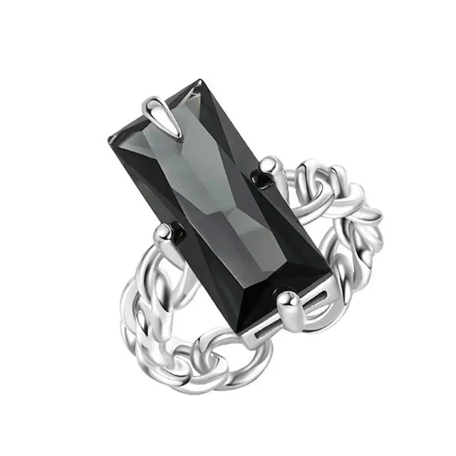 VAIGE Elegant Silver and Black Cubic Zirconia Rectangular Statement Ring