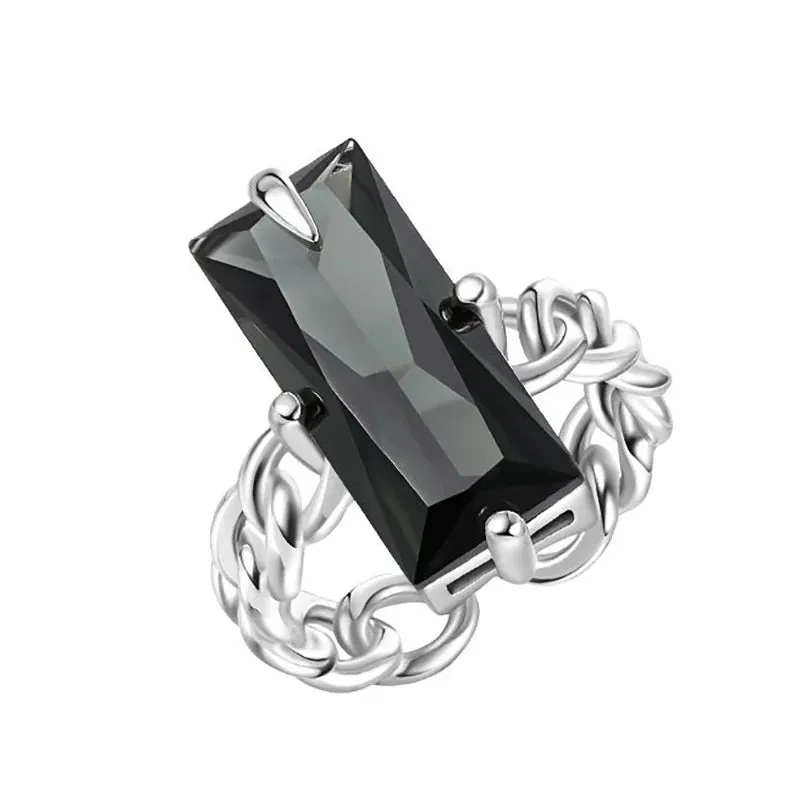 VAIGE Elegant Silver and Black Cubic Zirconia Rectangular Statement Ring