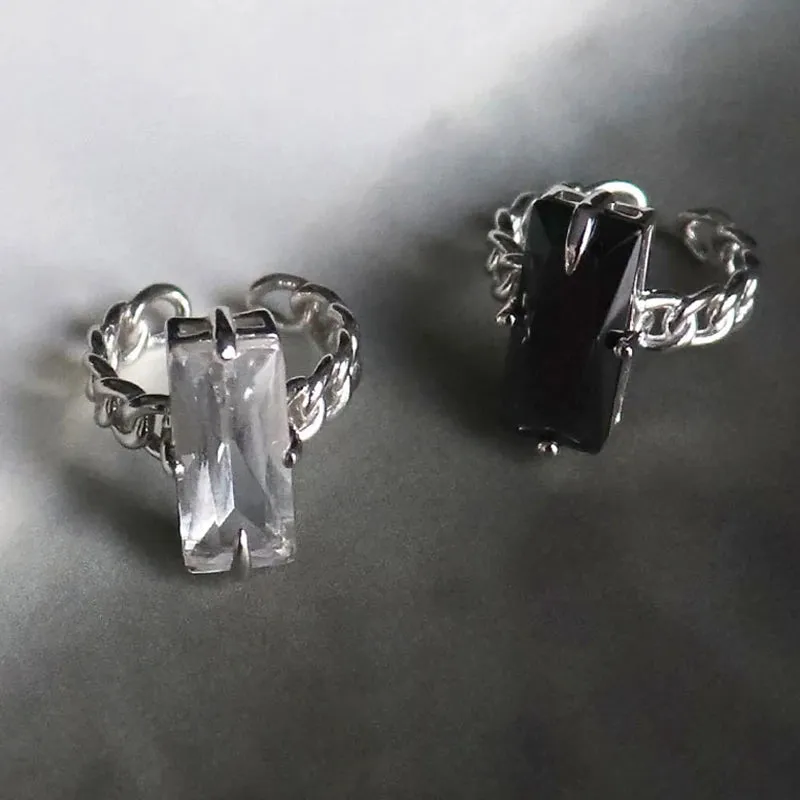 VAIGE Elegant Silver and Black Cubic Zirconia Rectangular Statement Ring