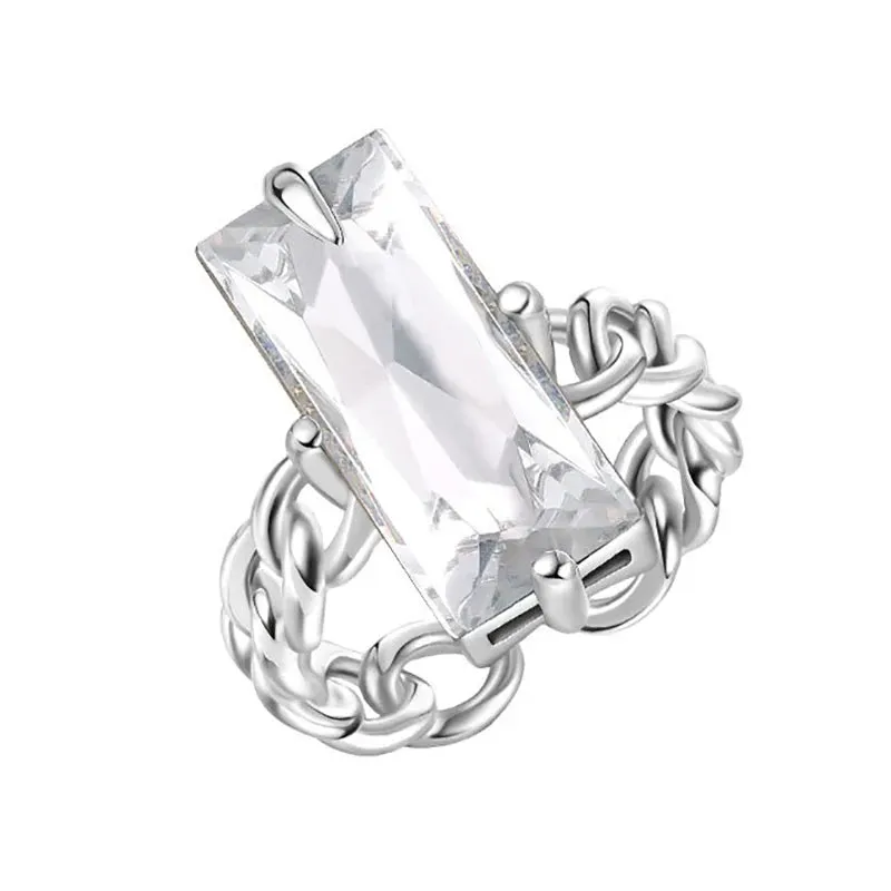 VAIGE Elegant Silver and Black Cubic Zirconia Rectangular Statement Ring