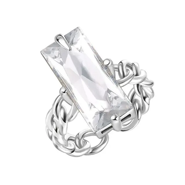 VAIGE Elegant Silver and Black Cubic Zirconia Rectangular Statement Ring