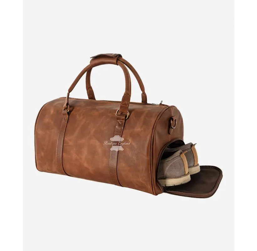 Vintage Leather Weekend Bag Duffle Bag Large Holdall with Shoe Compartment