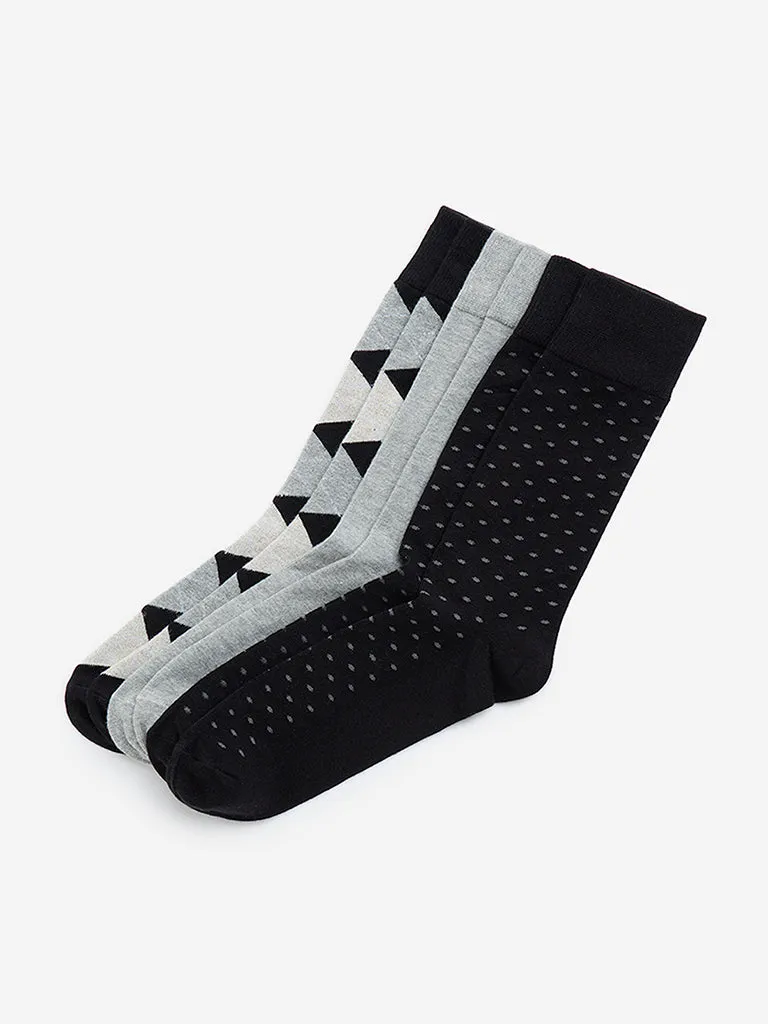 WES Lounge Black Patterned Full Length Cotton-Blend Socks - Pack of 3