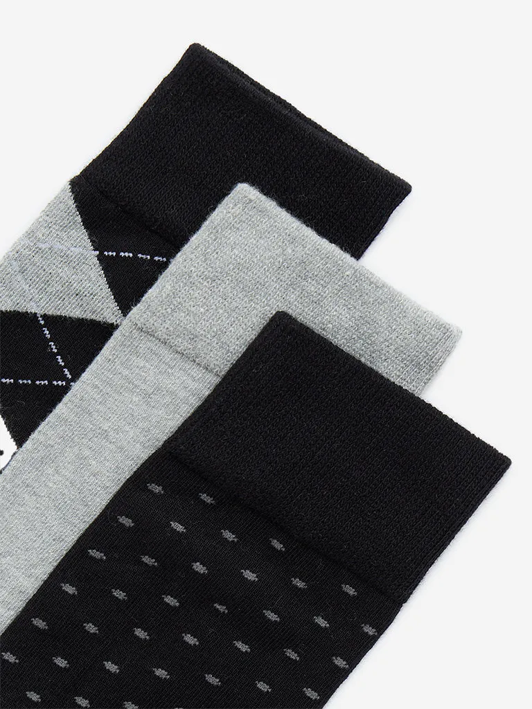 WES Lounge Black Patterned Full Length Cotton-Blend Socks - Pack of 3
