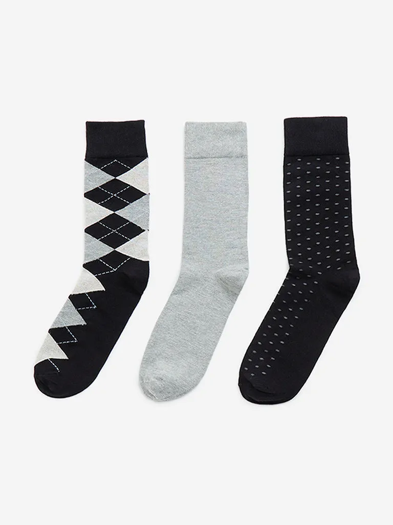 WES Lounge Black Patterned Full Length Cotton-Blend Socks - Pack of 3