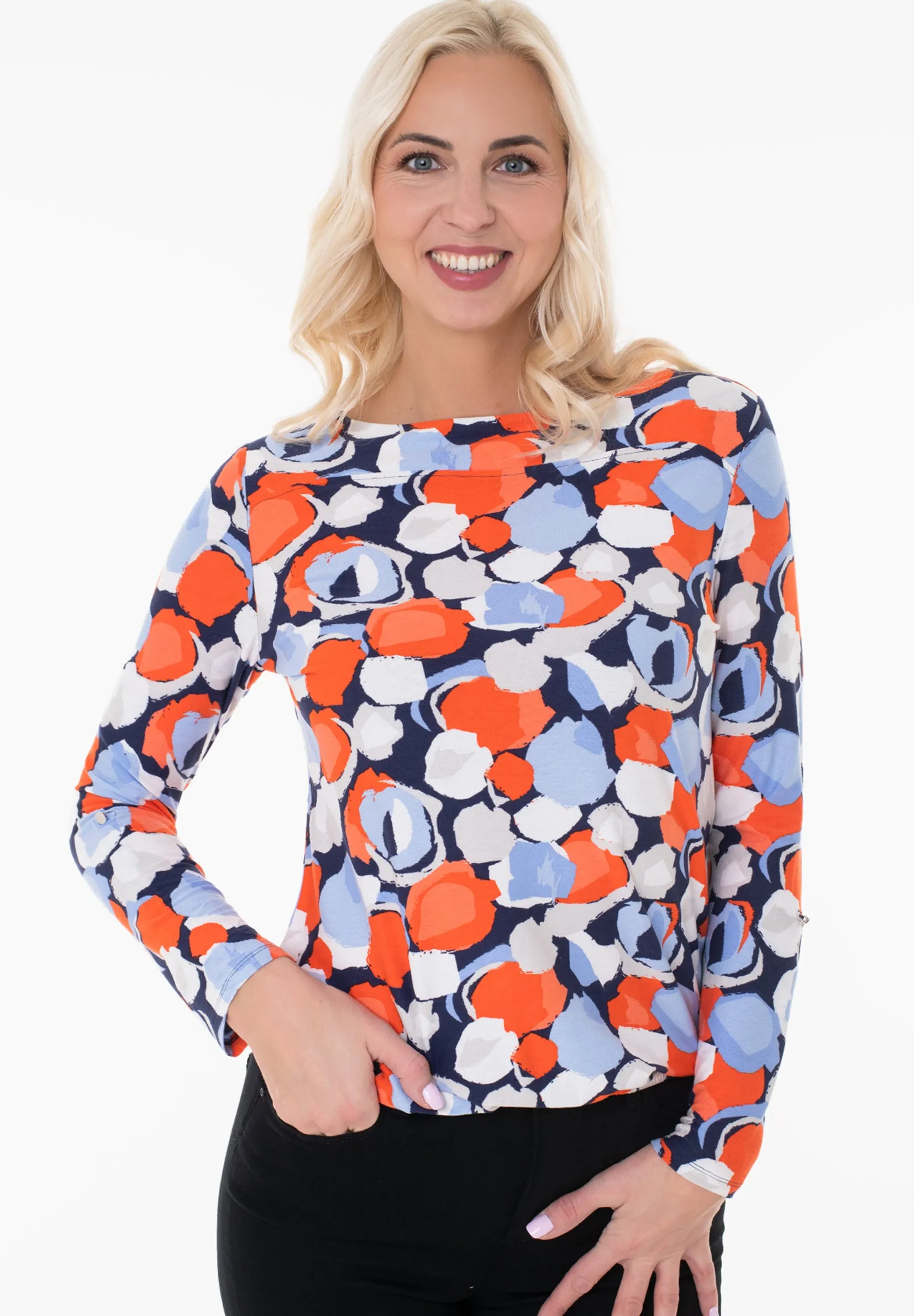 Womens Boat Neck Long Sleeve Printed Top