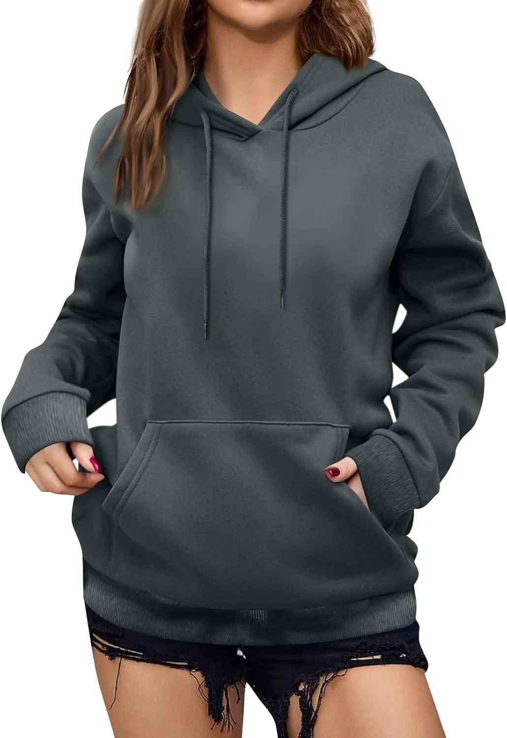 Women'S Solid Color Sweatshirt Long Sleeve Fleece Pullover Hooded Fashion Sweater With Pockets