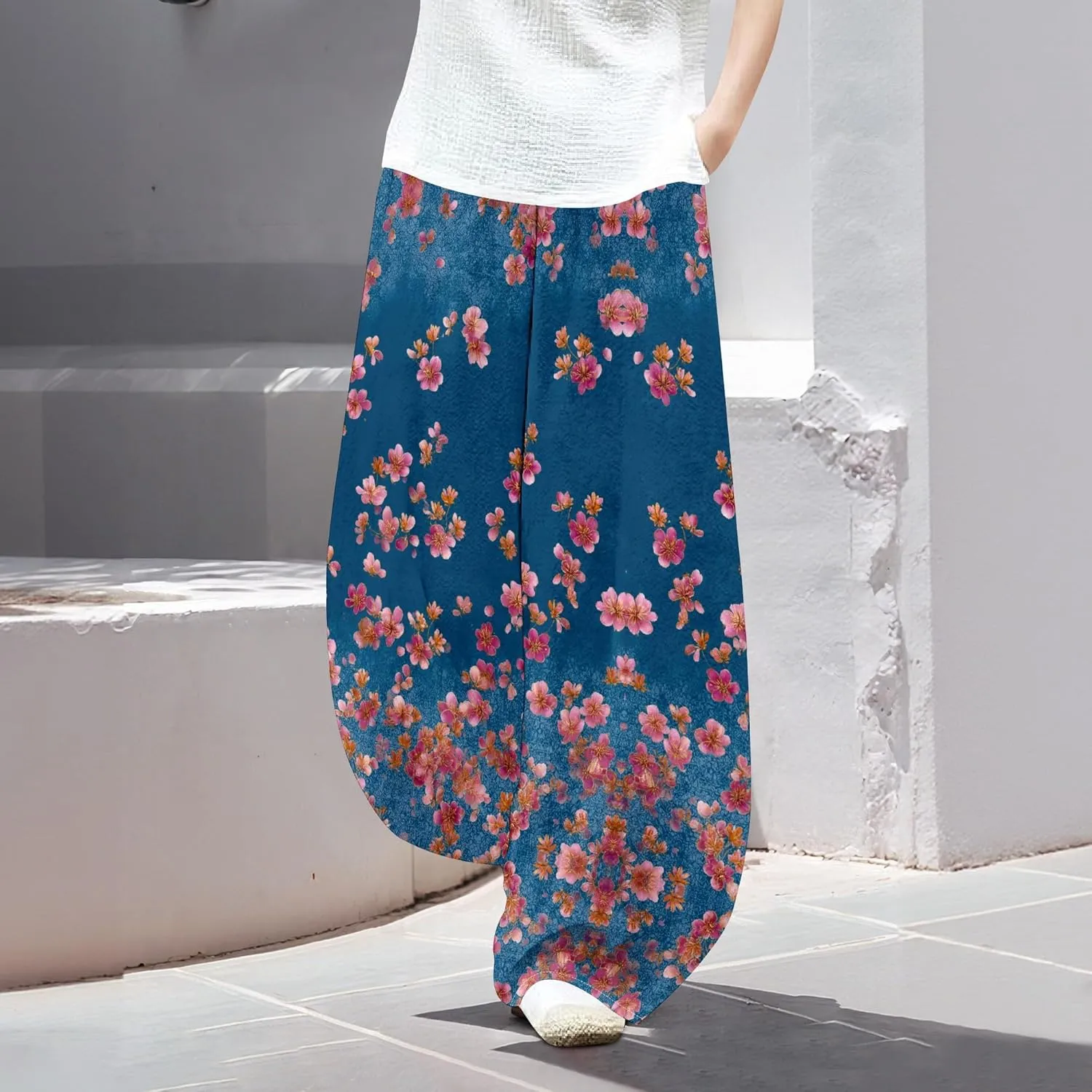 Womens Trendy Cotton Linen Low Rise Wide Leg Pants with Pockets Summer Casual Elastic Waist Palazzo Lantern Trouser